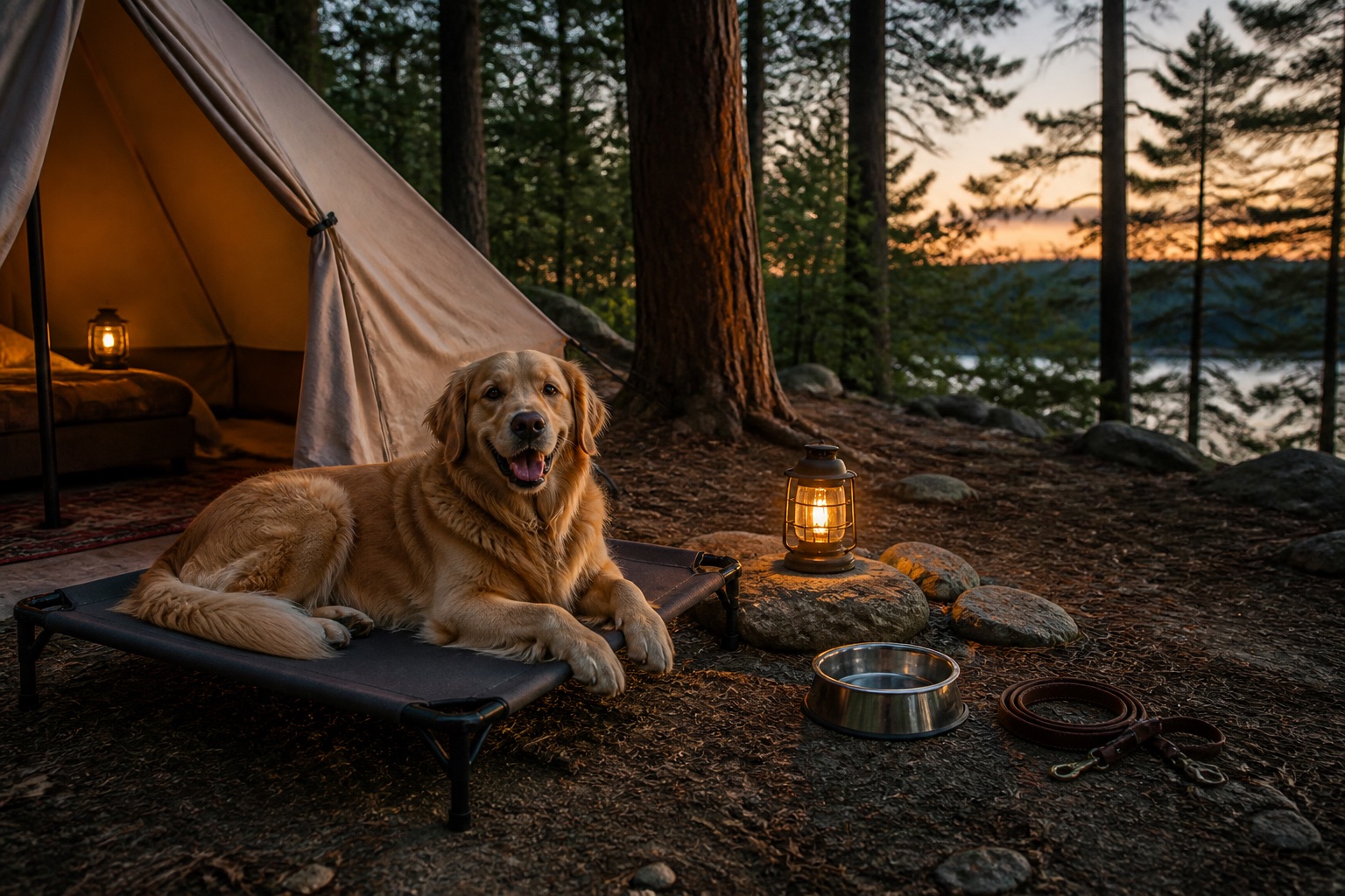 Dog resting beside organized outdoor travel gear