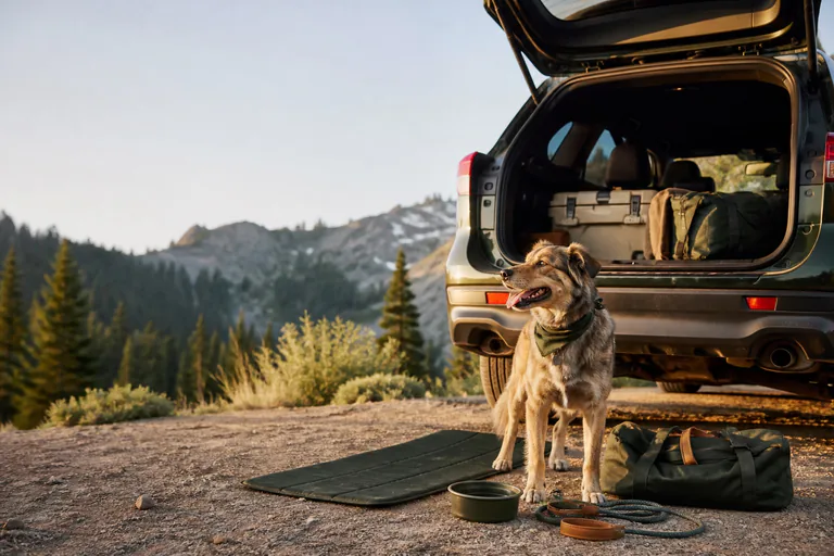 Dog and owner outdoors in warm desert light