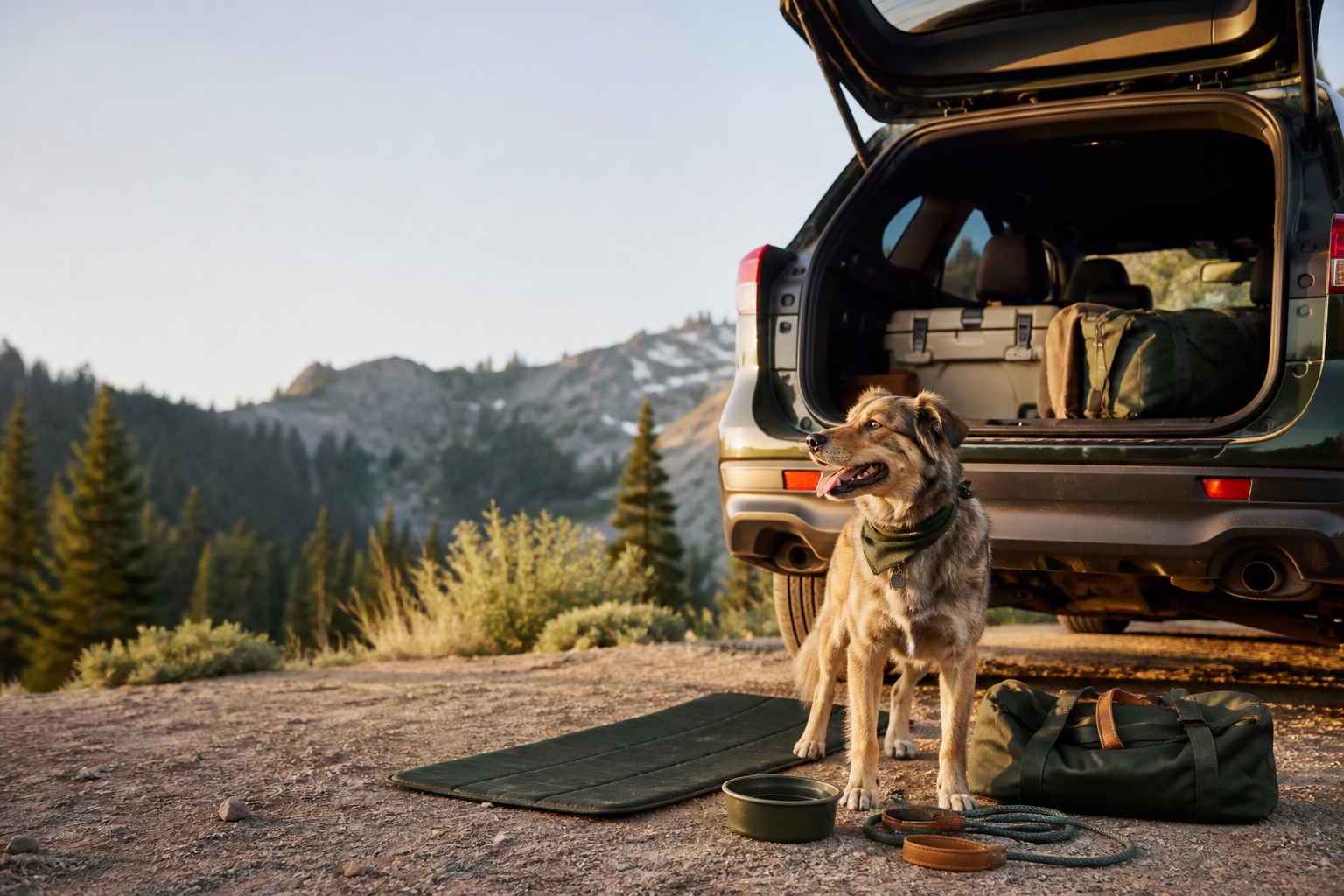 Dog and owner outdoors in warm desert light